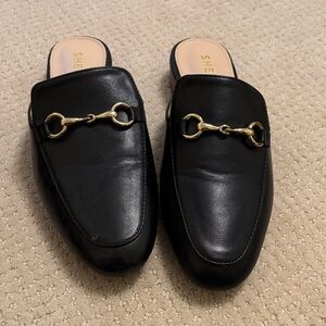 SHEIN Black Mules with Gold Horsebit buckle